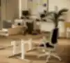 Moderni ergonomiška darbo vieta su reguliuojamo aukščio stalais, ergonomiška kėde, kompiuteriais ir tvarkingomis darbo priemonėmis šviesioje patalpoje su natūralia šviesa.