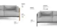 Technical data diagram of the BASTION modular sofa. Features include large cushions with high-resilience foam and zippered covers, solid Ø43 mm oak wood legs or Ø28 mm metal tube legs, and decorative wood or metal sheet armrests.