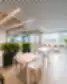 Moderni Liv In Vilnius bendro gyvenimo poilsio erdvė su natūraliu apšvietimu, minimalistiniais stalais, medinėmis kėdėmis ir kambariniais augalais.