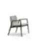 Modern wooden armchair with armrests and grey upholstered seat.