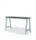 Minimalist high table with metal frame and dark tabletop.