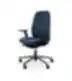 Dark blue ergonomic office chair with black five-leg base and casters on a white background.