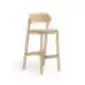 Light brown wooden Paged Nimm bar stool with upholstered seat and wooden backrest, studio view