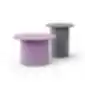 Two modern round coffee tables with cylindrical bases in purple and grey.