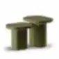 Two modern green coffee tables with rounded edges.