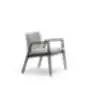 Modern wooden armchair with armrests and grey upholstered seat.
