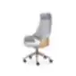 Ergonomic office chair with high backrest, fabric upholstery, and wood details.