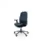 Dark blue ergonomic office chair with black five-leg base and casters on a white background.