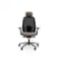 Black ergonomic office chair with headrest, armrests, mesh-covered backrest, and five-leg base with casters, on a white background.