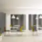 Šiuolaikiška biuro poilsio zona su „Melody“ kėdėmis iš LD Seating prie baltų apvalių stalų, pilkomis ir geltonomis sėdynėmis, pakabinamais šviestuvais ir akustinėmis pertvaromis.